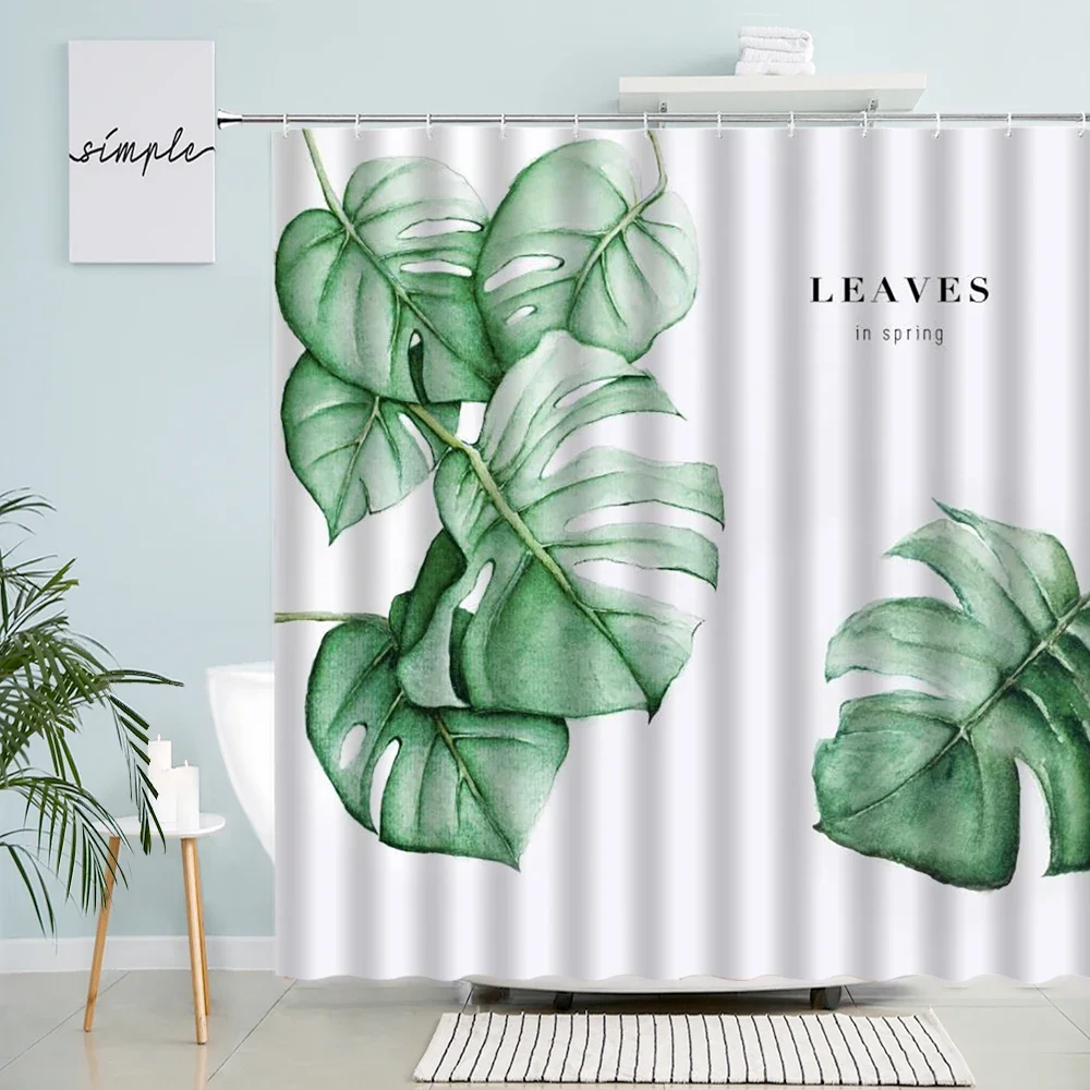 Tropical Green Plant Palm Leaf Bathroom Shower Curtains Summer Jungle Fabric Waterproof Hooks Hanging Curtain Bath Screen Decor