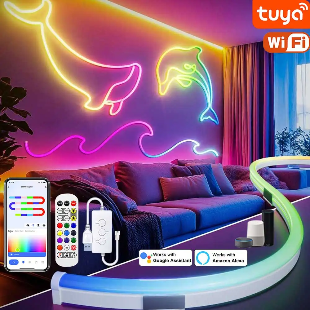 TUYA WiFi Neon RGBIC Strip Light Smart LED Lights Ribbon Lighting USB 5V Lamp Smart APP Dream Color Waterproof Neon Decor Strips