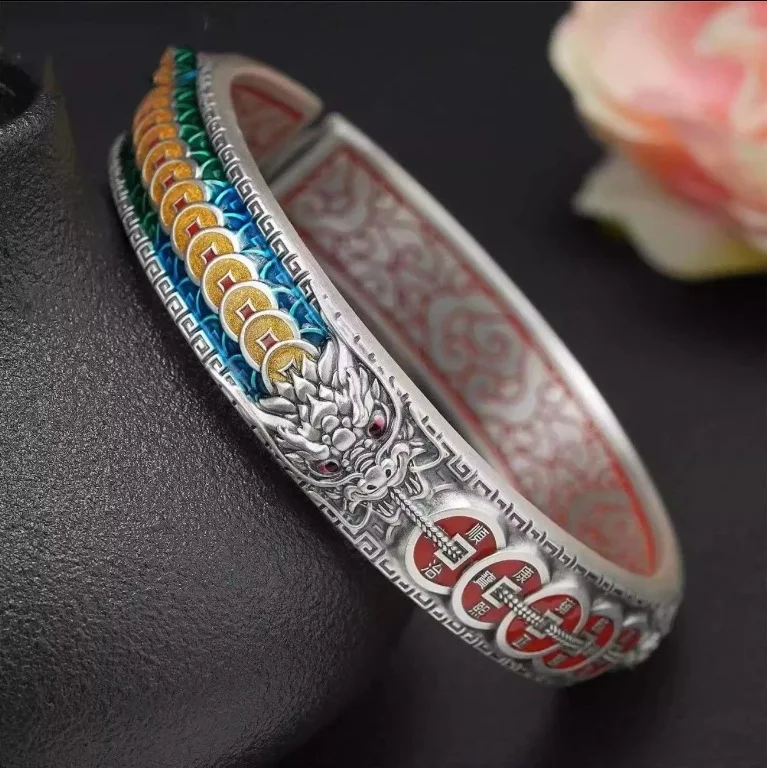 

Retro Chinese Style Double Dragon Five Emperor Coins Bangle Domineering National Fashion Personality Bracelet Trendy Jewelry Gif