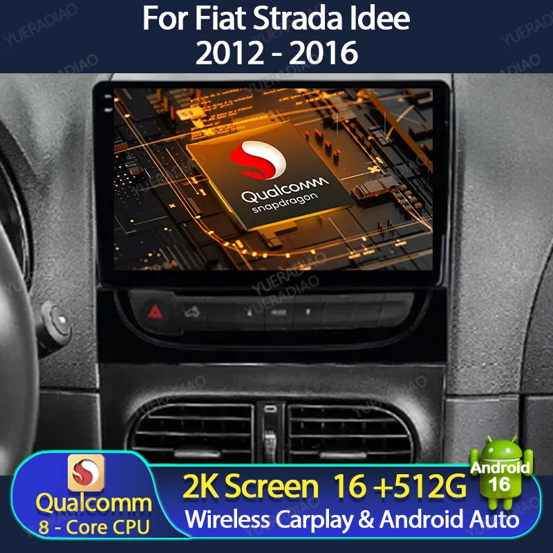 Radio para Auto con Android 16 para Fiat Strada Idea 2012-2016, Reproductor Multimedia Estéreo, Video, 4G LTE, 5G WIFI, GPS, Navegación, QLED, Bluetooth, Unidad Principal