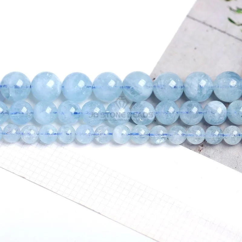 Natural Blue Aquamarine Stone Round Loose Spacer Smooth Beads Sea Water Gemstone For Jewelry Making 4 6 8 10mm DIY Accessories