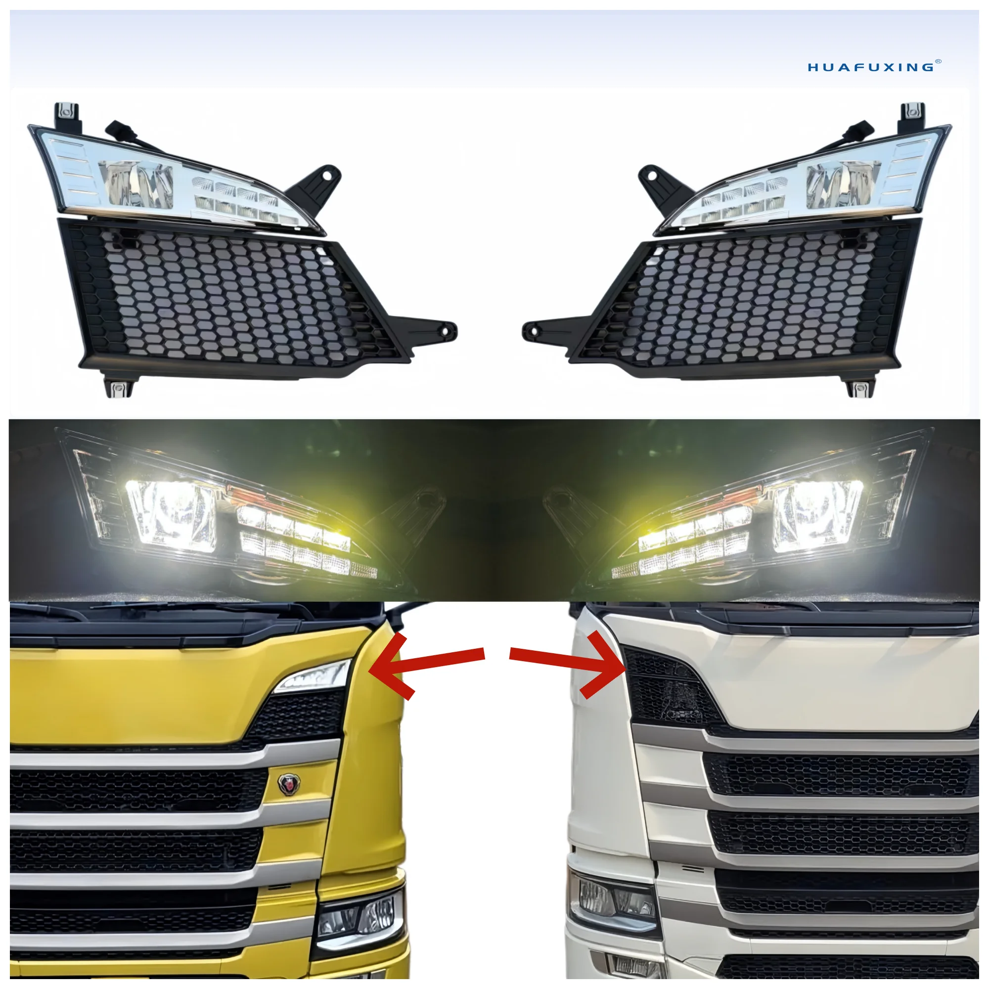 Modified Super Bright Pair Full LED Fog Panel Spot Lights for Scania Truck R/S-Series OE 2552712 2552711 with Grille Panel
