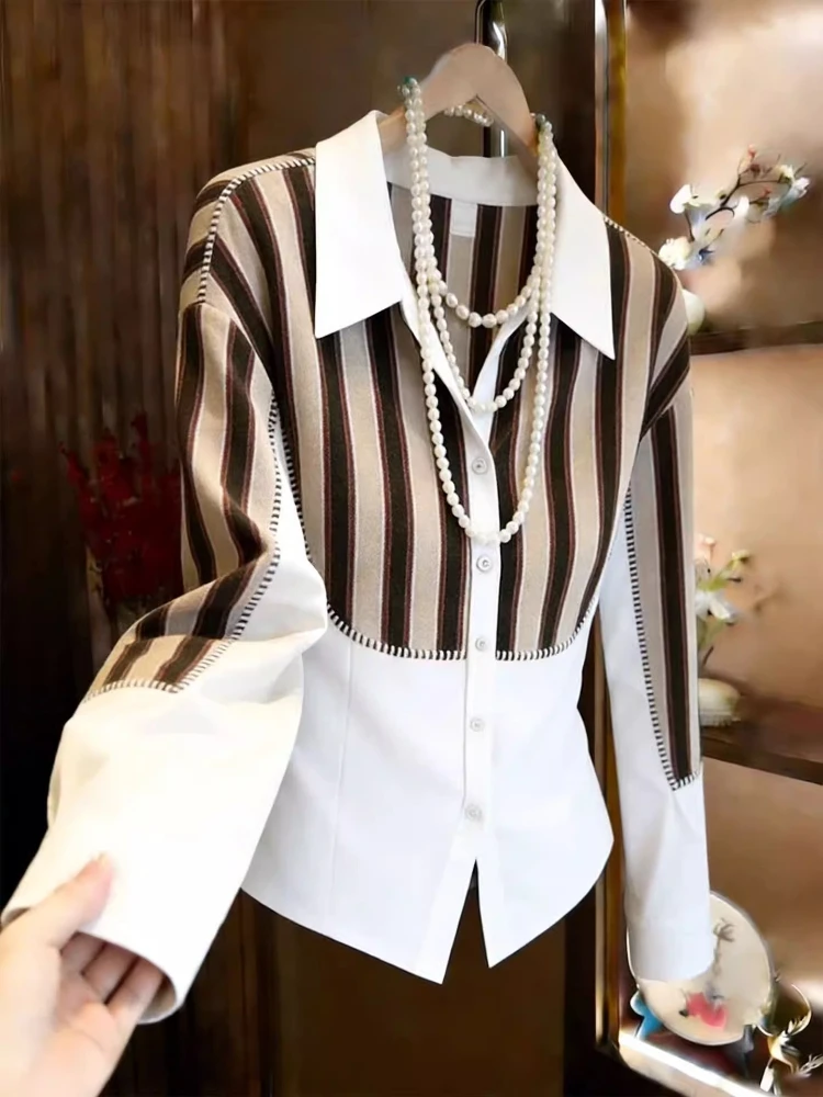 

Women Office OL Shirt 2026New Simple All-Match Casual White Stitching Striped Top Fashion High Quality Long Sleeve Blouse Trendy