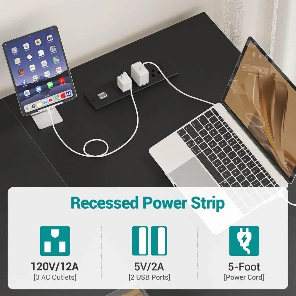 Forme en L réversible avec prises de courant et ports de charge USB, coin robuste avec étagère de rangement, facile à assembler