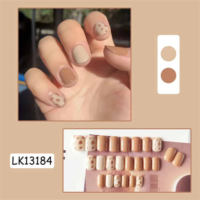 24Pcs/Set Cream Curry Leopard Removable Press on Nail Full Coverage Adhesive Wearing False Nails Tips French Acrylic Fake Nails