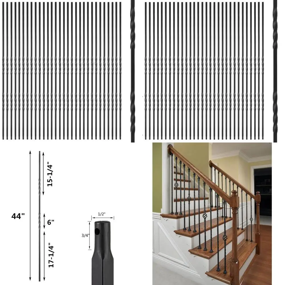 مجموعة مكونة من 30 درابزينًا من الحديد المجوف للسطح والدرج الحلزوني، تويست مزدوج 1/2 بوصة، مطلي بمسحوق أسود من الساتان