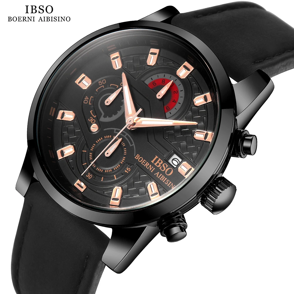 

IBSO New Men's Quartz Watch Luminous Calendar Quartz Stop Watch Multi-Function Man Clock Flyback Genuine Leather Strap Hot 2023