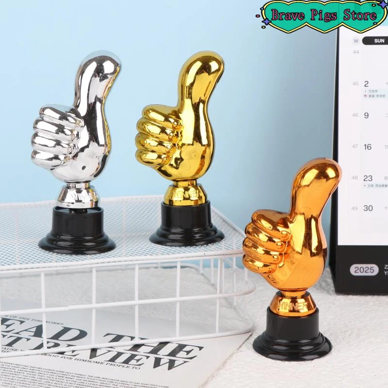 1 Piece Mini Victory Trophies Award Prizes Thumbs Up Trophy Plastic Gold Trophies Encouragement For Home Desktop Decor