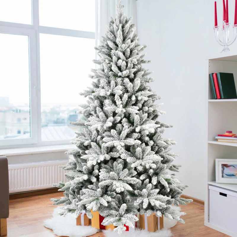 

7FT PE & PVC Flocked Christmas Tree With 1514 branch tips and metal stand Foldable Tree Realistic Snowy Foliage Home Decoration