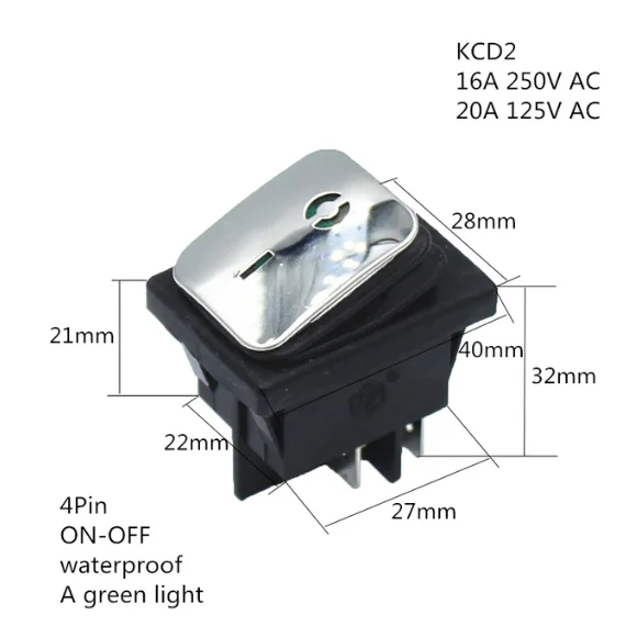 Impermeável barco-Shaped Rocker Switch, superfície de aço inoxidável, 4 pinos de 2 velocidades com luzes LED, interruptor de alta corrente, 20A, KCD4