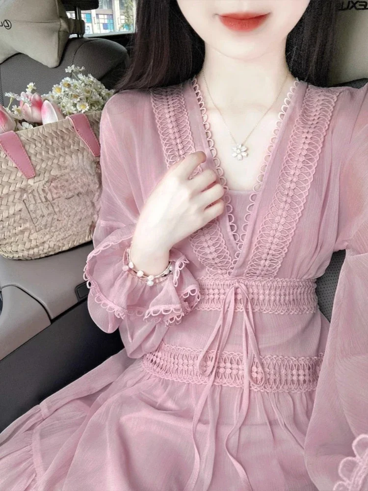 Pink V Neck Women Dresses Lantern Sleeve Spring Autumn Elegant Vestidos Mujer A-line Solid Sweet Retro Long Dress