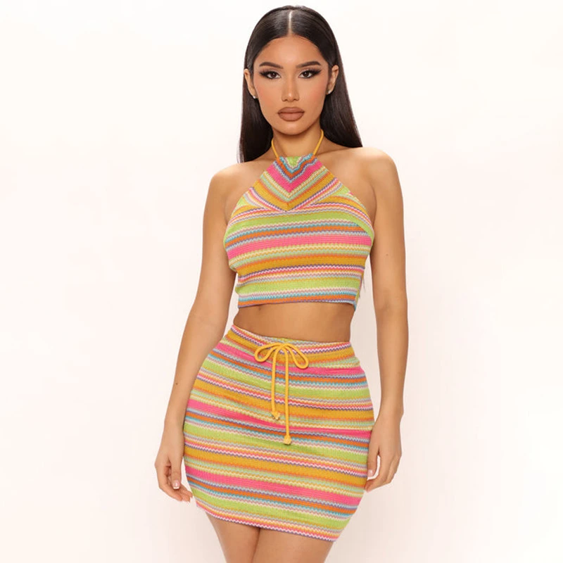

Striped Print Hanging Neck Small Vest Sleeveless Wrap Buttocks Half Skirt Two-Piece Set For Personalized Street Women's Clothing
