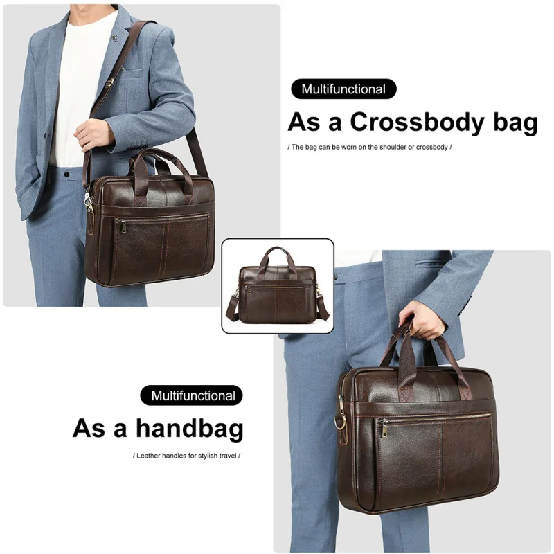 Men's genuine leather briefcase with large capacity - 15-inch laptop size - top-grain cowhide high-end business handbag
