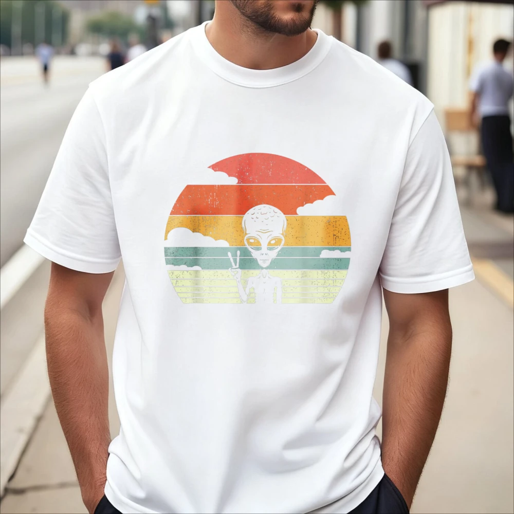 Retro Alien Space Shadow Graphic Printed T-Shirt Summer Casual Fashion Loose Harajuku Man Women Clothing Soft Y2k Breathe Tees