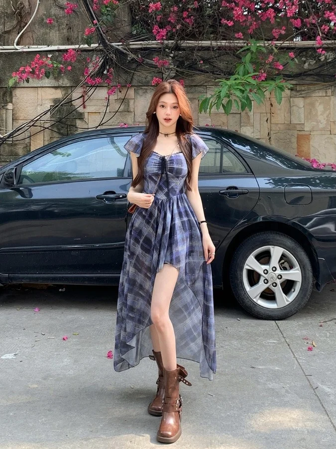 

plus Size Plaid Short Sleeve Dress Square Collar Slimming A-Line Long Skirt Korean Style Commute Wind High Waist Irregular Su...