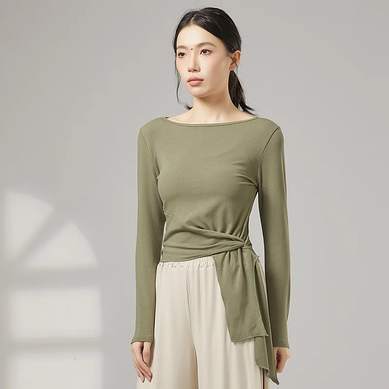 Women Modern Dance Practice Clothes Top Long Sleeve Shirt Hem Bandage Elegant Slim Adult Performance Latin Competition Dancewear
