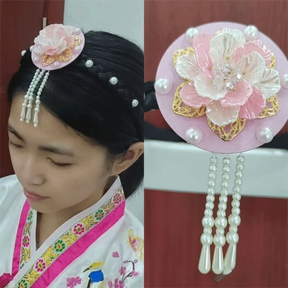 

Retro Flower Korean Headband Pearl Tassels Hanbok Hairband Traditional Headdress Stage Dance Hair Hoop Hanfu