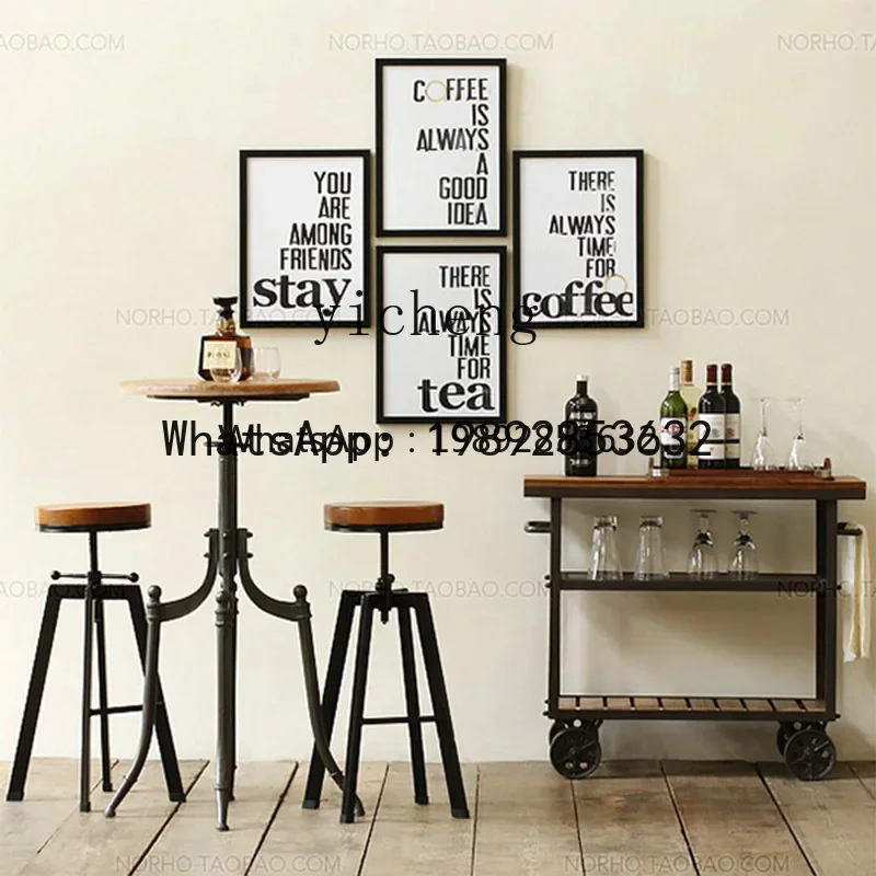 

DSA wrought iron dining cart restaurant retro solid wood dining side cabinet wine tea mobile trolley