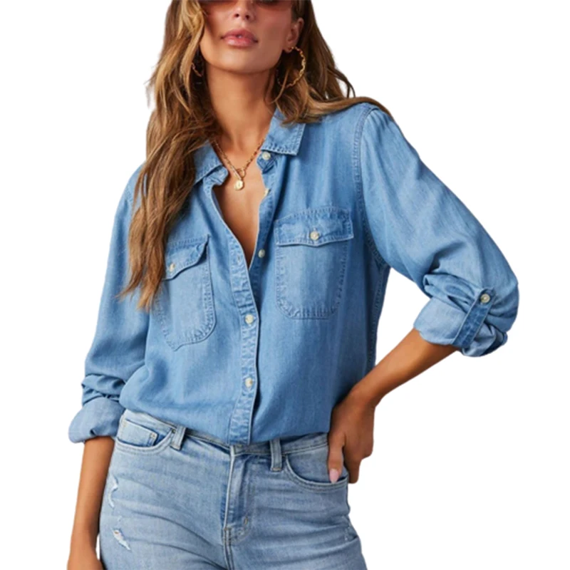 Autumn Thin Denim Shirt Women\'s Single-breasted Splicing Pocket Long Sleeve Lapel Tops Ladies Comfortable Commuter Casual Blouse