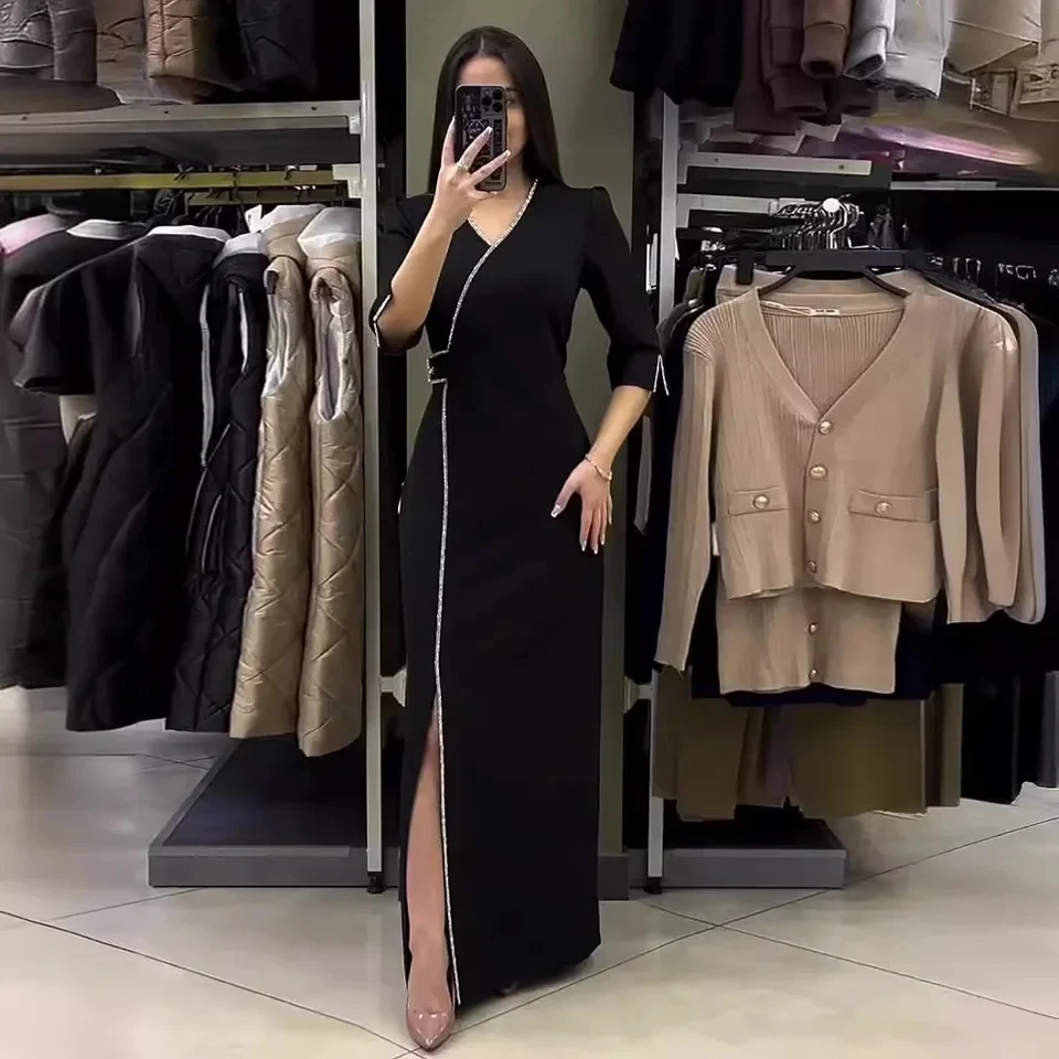 

Women's elegant Maxi Dress Summe Sexy V-neck Hot Drill Slim Style Split Seven-point Sleeve Long Dress