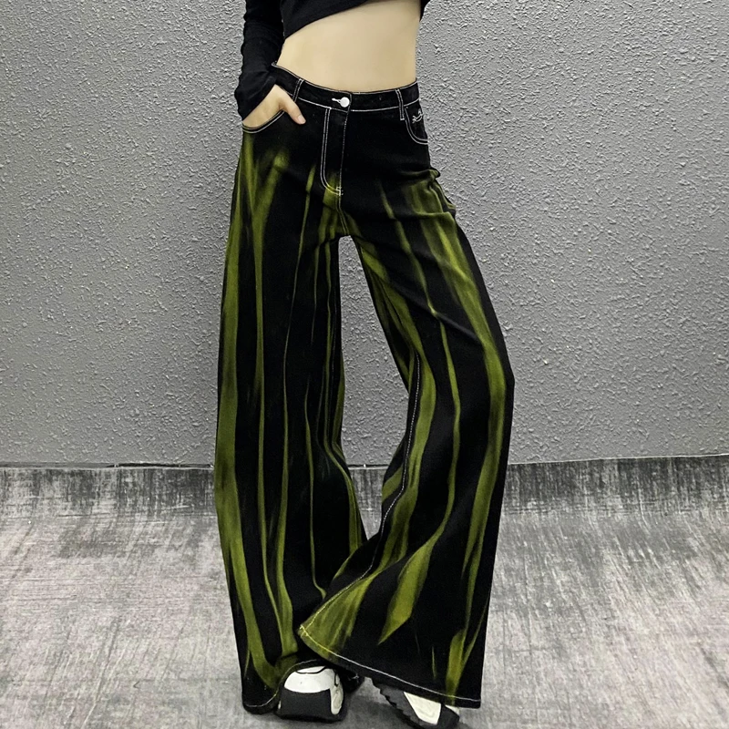 2025 Spring and Autumn Women's Tie-Dye Washed Casual Jeans High Waist Loose Slimming Versatile Wide-Leg Floor-Length Pants