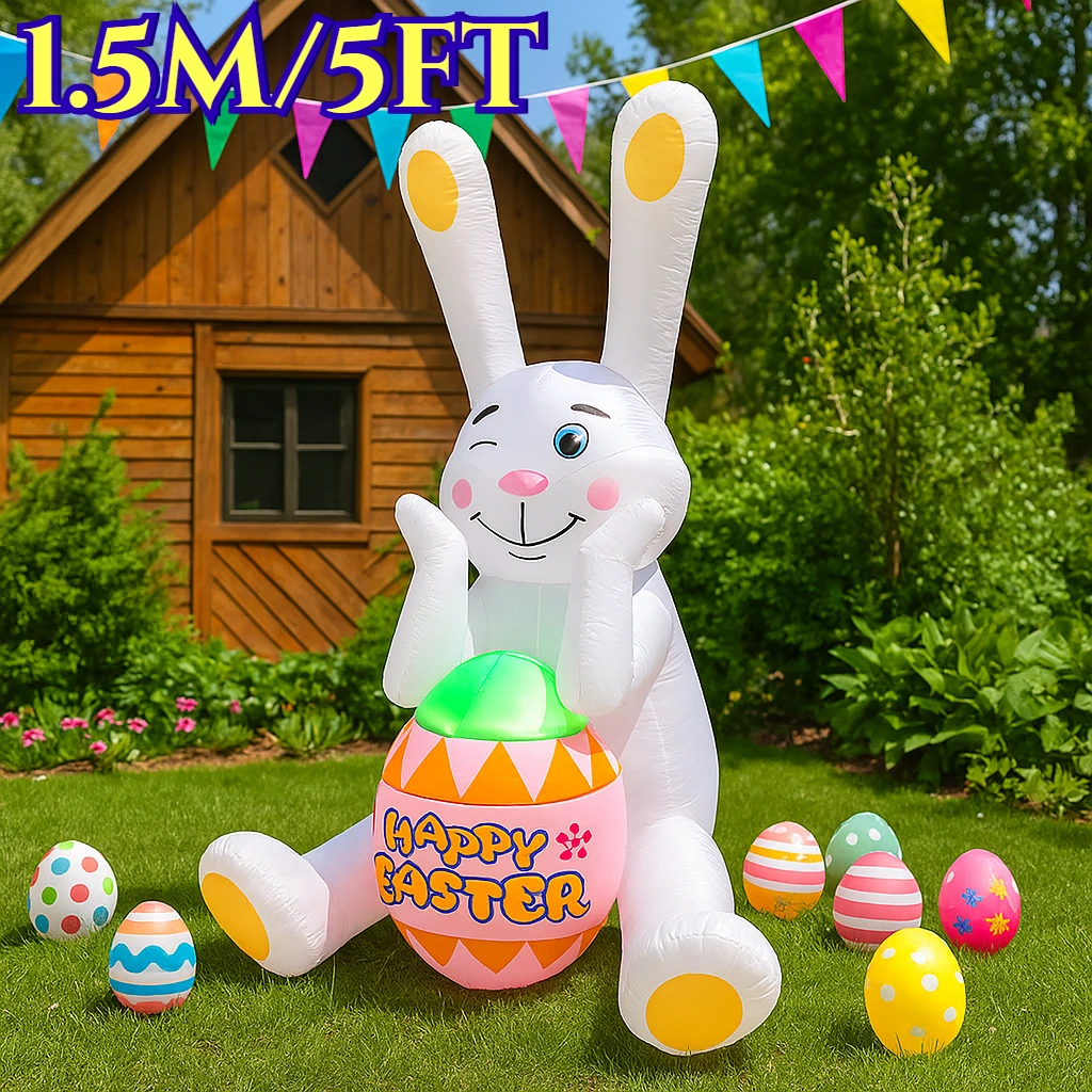 

1.5M/5FT Happy Easter Outdoor Holiday Decorations Inflatable Blinking Rabbit Hold Egg LED Lights Model Decor Garden Ornaments