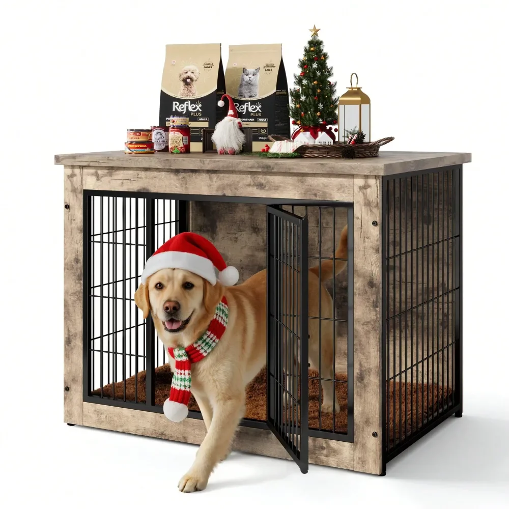 Indoor Dog Crate Furniture With Thick Cushion DoubleDoor ChewResistant Wooden Kennel For All Dog Sizes