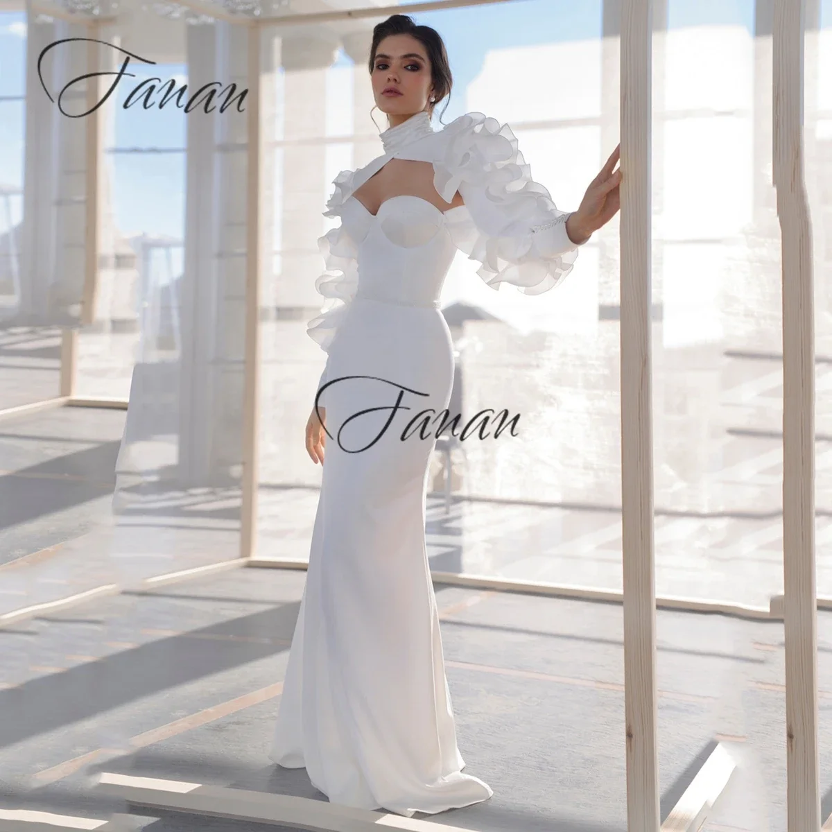 

Fashion Sweetheart Neck Wedding Dresses With Puffy Long Sleeve Mermaid Bride Dress Floor Length Satin Sexy Gowns