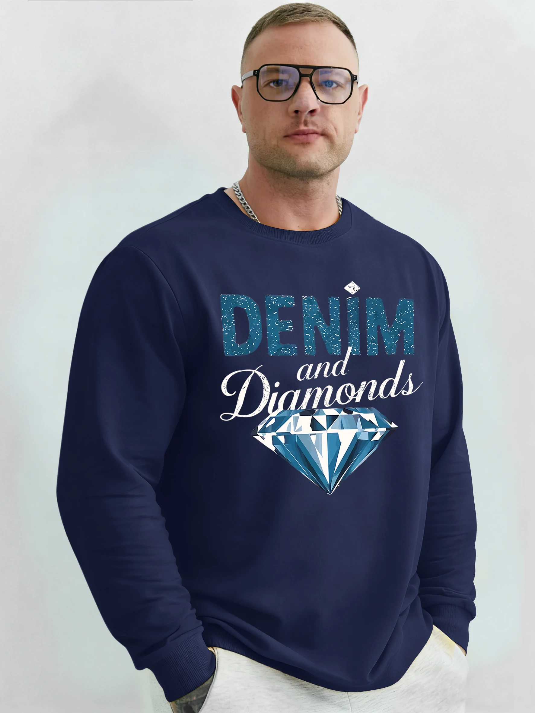 

Джинсовая мужская толстовка с принтом бриллиантов, флисовый повседневный свободный пуловер, осенняя мягкая одежда, удобный спортивный костюм унисекс с круглым вырезом