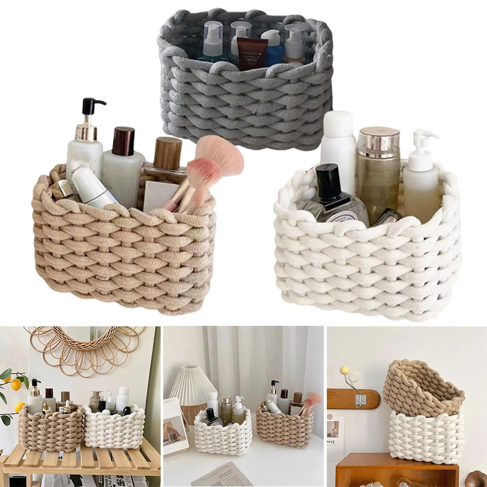 

Solid Color Basket Handmade Woven Cotton Rope Storage Boxes for Sundries Cosmetic Book Toy Desktop Organizer Storages Home Decor