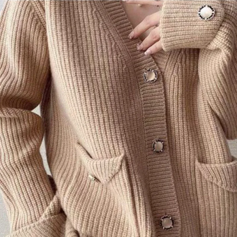 Fashion Autumn Winter Button Solid Color Knitted Sweater Women Long Sleeve Cardigan  Loose Elegant Korean Clothing 28347