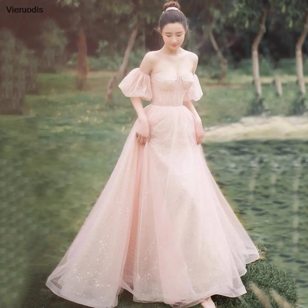 فستان حفلة موسيقية وردي على شكل حرف A لامع على شكل قلب وأربطة فستان حفلات بأكمام منتفخة قابلة للفصل فستان سهرة فيستدو دي نوش #1