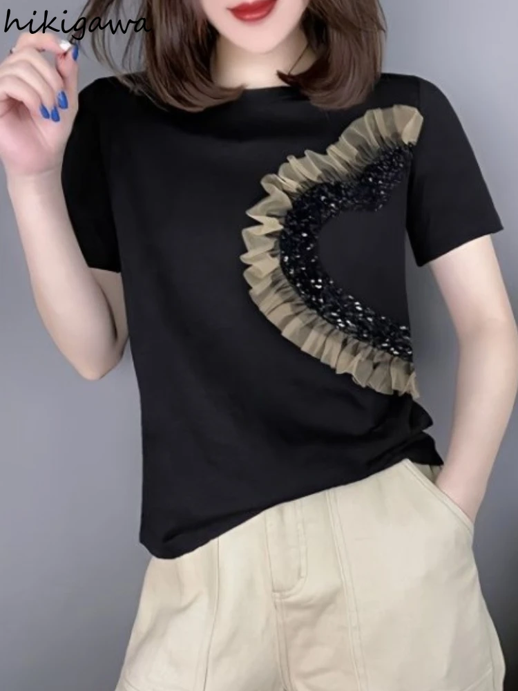 Simple Woman Tshirts Patchwork Sequined Gauze Tees 2024 Ropa Mujer O-neck Short Sleeve Tops Chic Casual Summer Oversized T Shirt