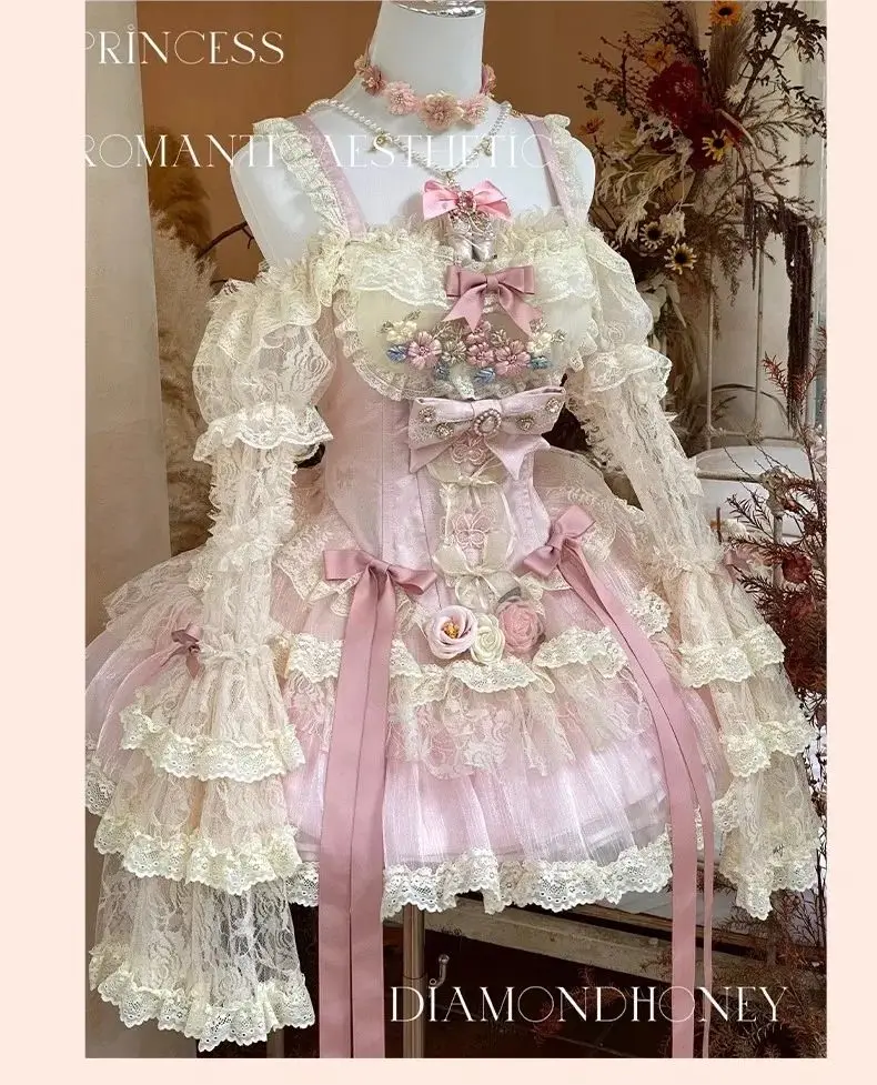 Autunno primavera dolce Lolita senza maniche rosa Patch pizzo luce Lolita vestito rosa fata abito da ballo