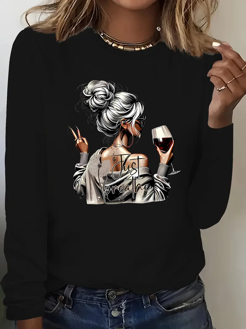 

Streetwear Wine Drink Printed Long Sleeve Shirt Vintage T Shirt Women's Print T-Shirt Crew Neck Top Tee Tshirt Casual