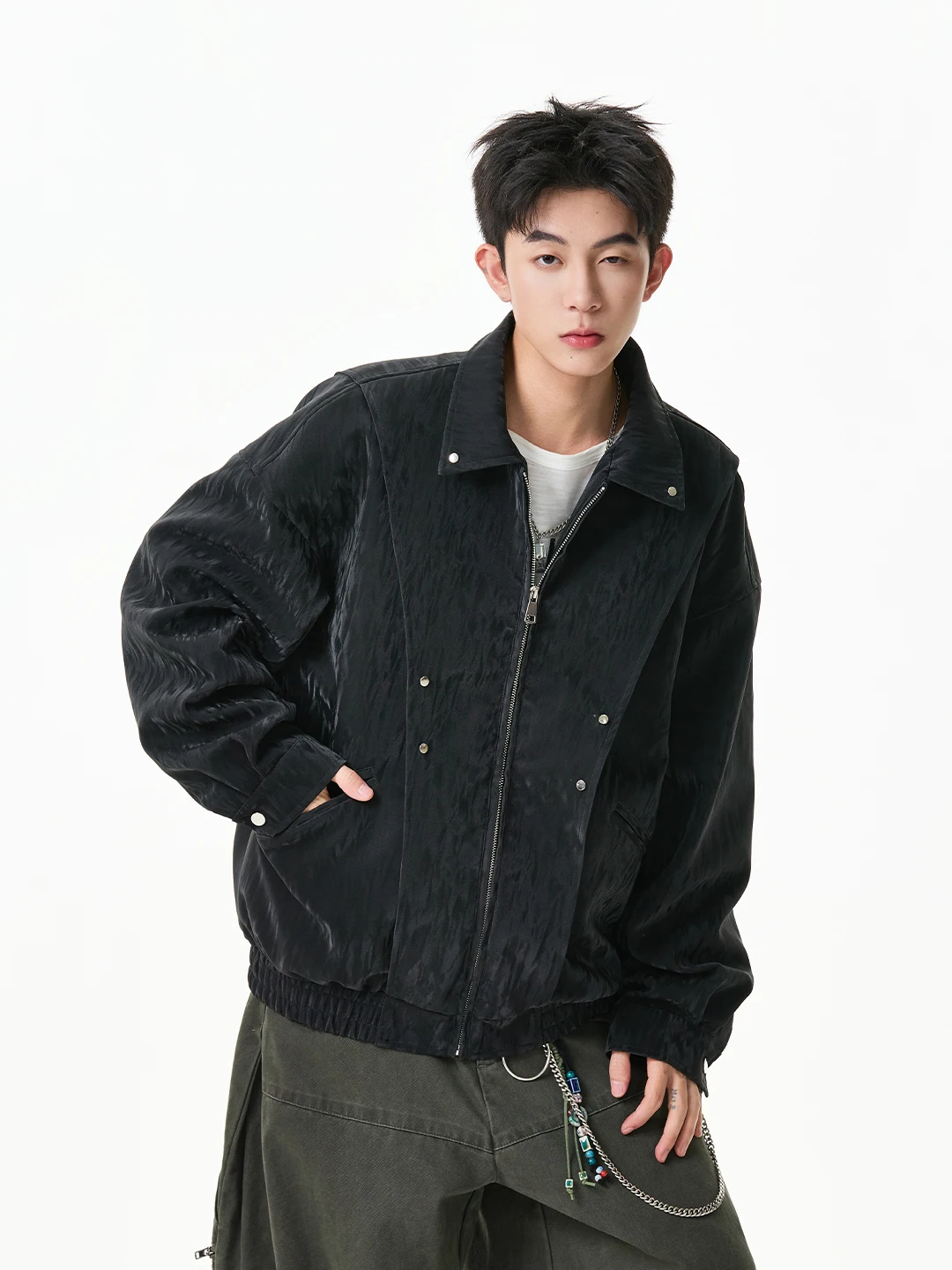 

Cleanfit Nail Rivet Deconstructed Patchwork Jaet Men's High-End Trendy ort ape Workwear Top Zipper Decorated Loose Fit