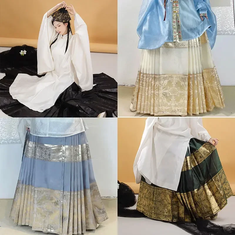 7-kolorowa dynastia Ming w stylu Vintage 6M końska plisowana spódnica z złotą nicią splotu chińska elegancka czarna sukienka Hanfu