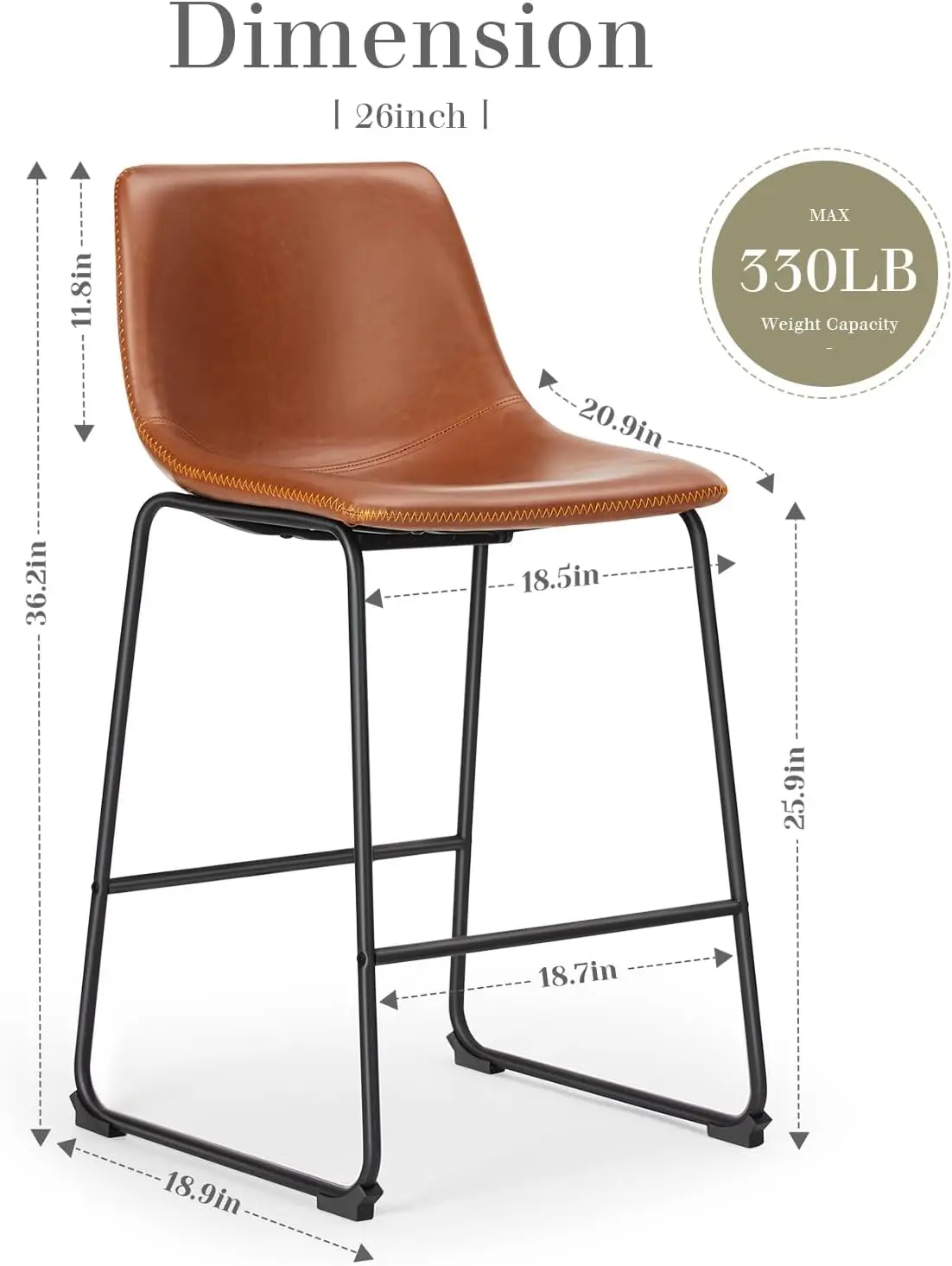 Counter Altura Bar Stools Set, falso couro, bancos altos com costas e perna de metal, cadeiras marrons, moderno, 4 polegadas, 26 polegadas