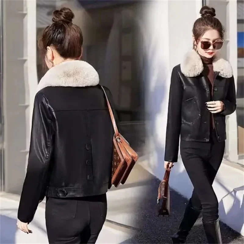 Ladies Slim Leather Coat In Autumn And Winter Short Casual Solid Color Single-Breasted Slim Ladies Suit Collar Outerwear L248