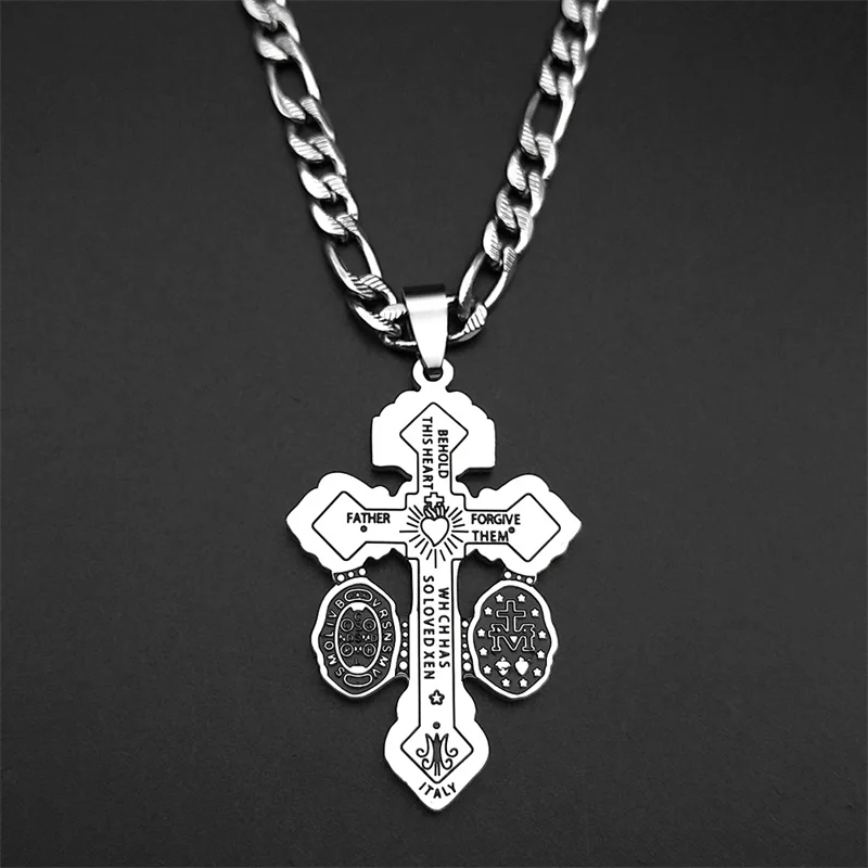 قلادة على شكل صليب يسوع للرجال والنساء من الفولاذ المقاوم للصدأ مطلية بالذهب كاثوليكية سانت بنديكت مريم العذراء مجوهرات تميمة الإيمان #2