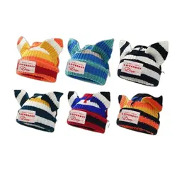 Stripe Hat Niche Design Personalized Cat Pig Ears Knitted Wool Hat Cute Warm Winter Hats for Men Women Loverboy Beanies Skullies