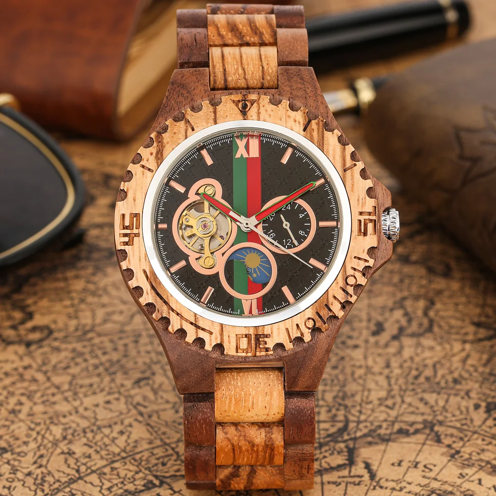 Full Wooden Men\'s Automatic Mechanical Watches Luxury Stylish Wood Bracelet Male Wristwatches Self Winding Timepiece Man Clock