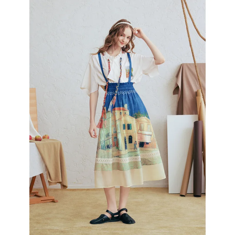 

Van Gogh Art Skirt with Detachable Suspender, Summer Print Design