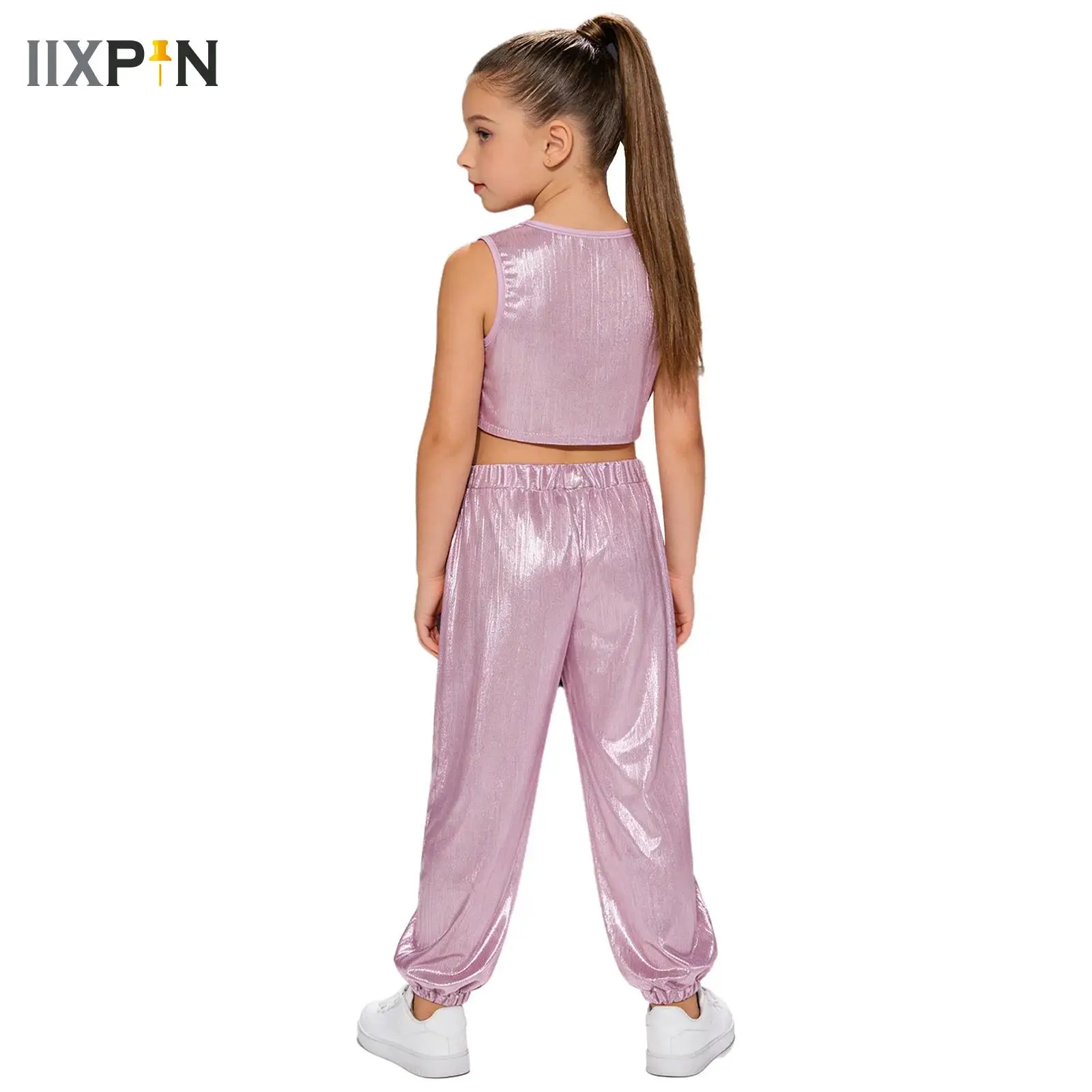 Kids Girls Metallic Dance Party Performance Costume Disco Outfit Sleeveless T-shirt Vest + Pants Jazz Modern Hip Hop Clothes Set