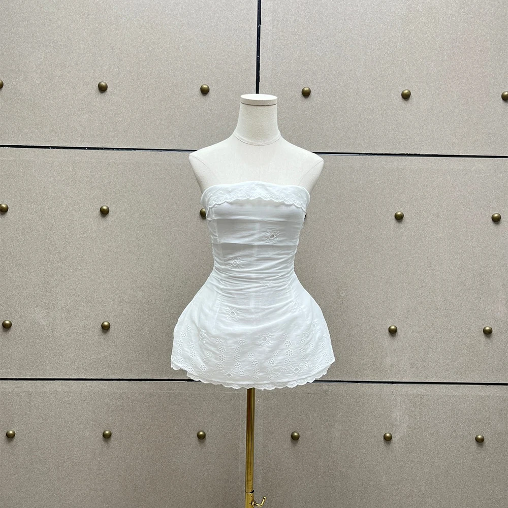 

Women's Cotton Linen Blend Strapless Mini Dress Lace Trim Eyelet Embroidery Flare Hem Strapless Corset Party Dress 2026 New Y2K
