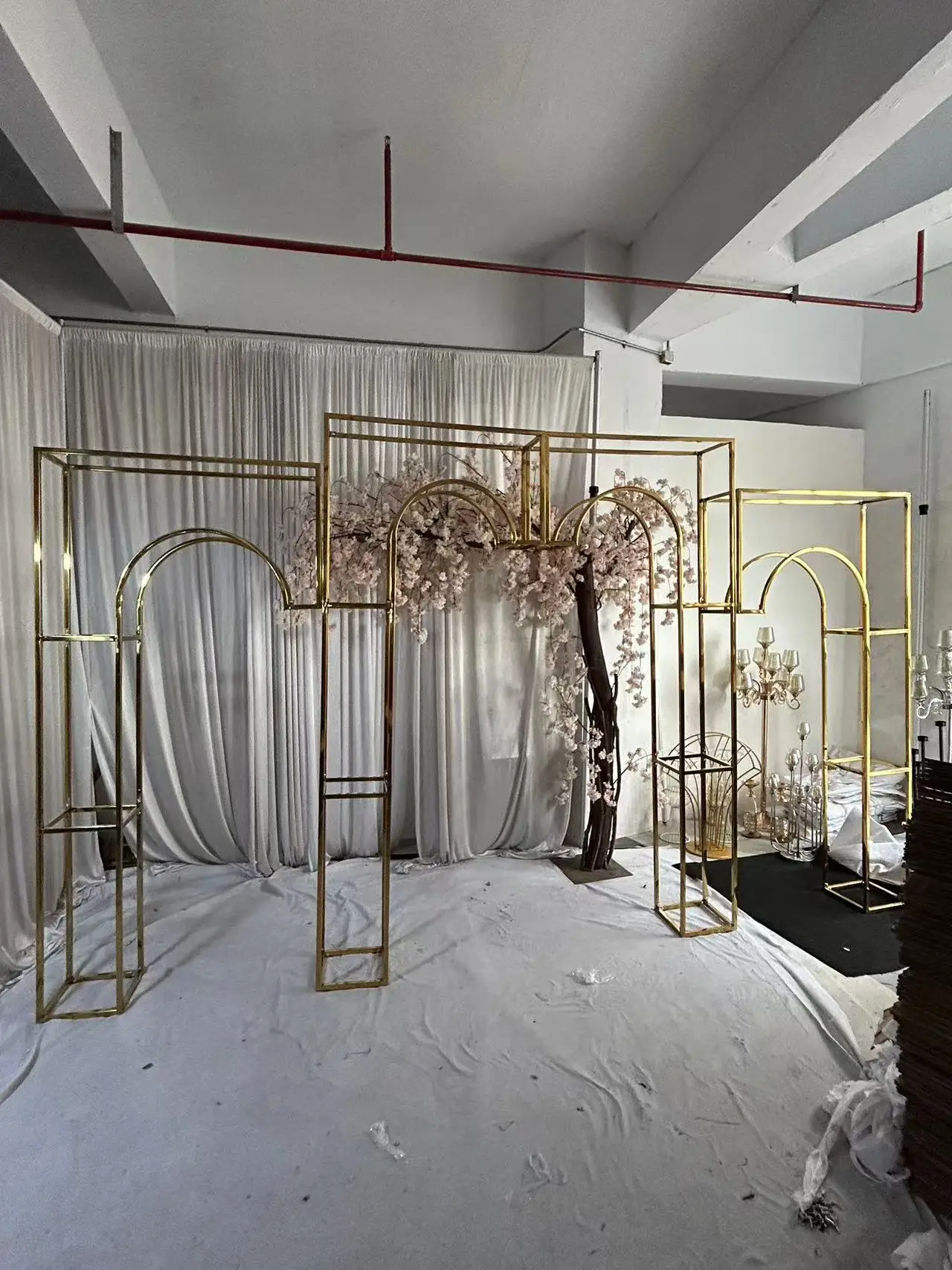 #@New Design Golden Theme Double-Pipe Arch Stainless Steel Flower Backdrop Stand for Party Decorations
