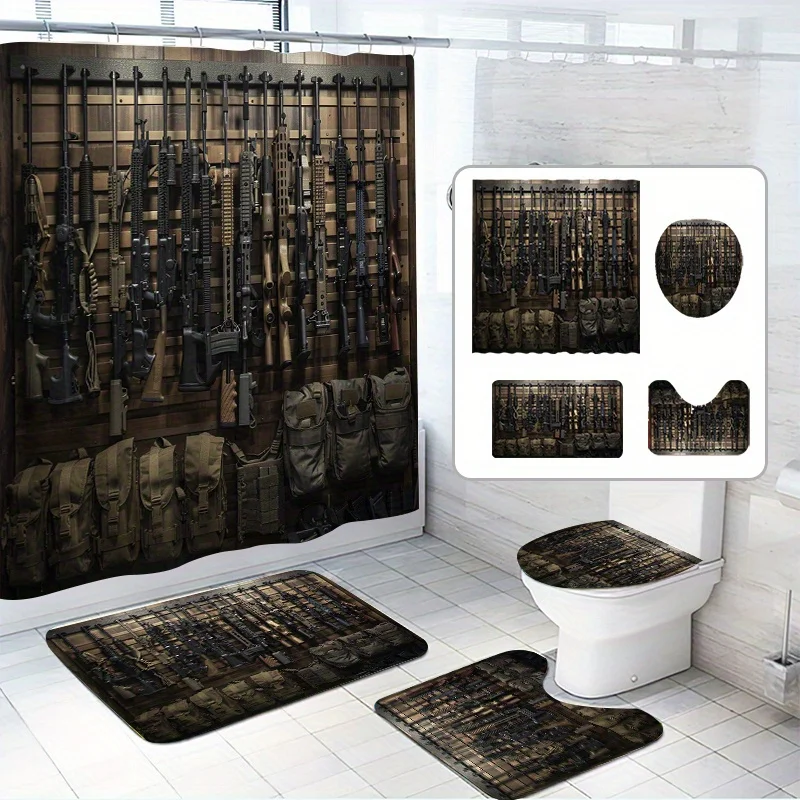 

Набор для ванны Арсенала Gun из 4 предметов — водонепроницаемый полиэстер с нескользящим ковриком и сиденьем для унитаза, 12 крючков, современный домашний декор