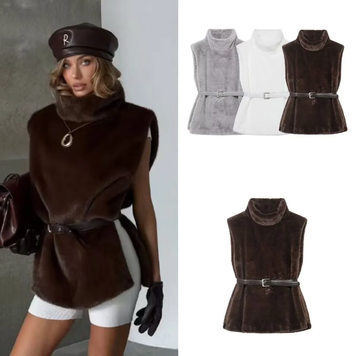 2026 Winter Spring Women Faux Fur Sable Vest Crop Top Solid  Turtleneck Eco Mink Faux Fur Tank Tops Pullover Jacket