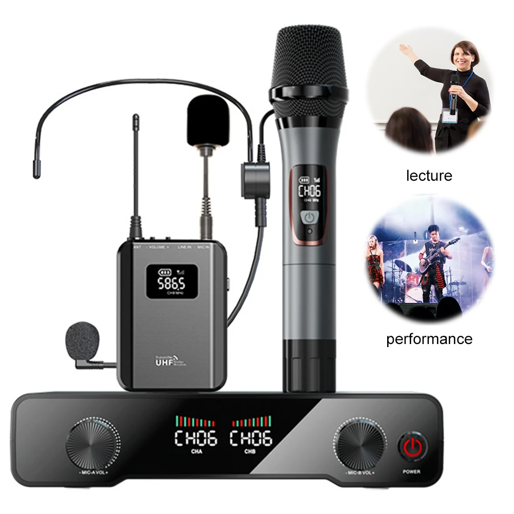 Wireless Handhled Microphone System with Headset/Lavalier Lapel Mics Wireless Microphone System for Video Recording/Interview