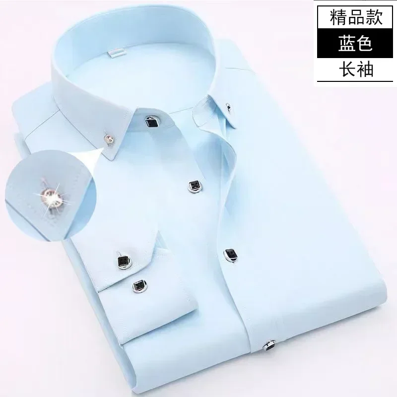 Spring and Autumn Men's Long sleeved Shirt White Casual High Cotton Anti wrinkle Professional Dress Shirt Men's Diamond Button